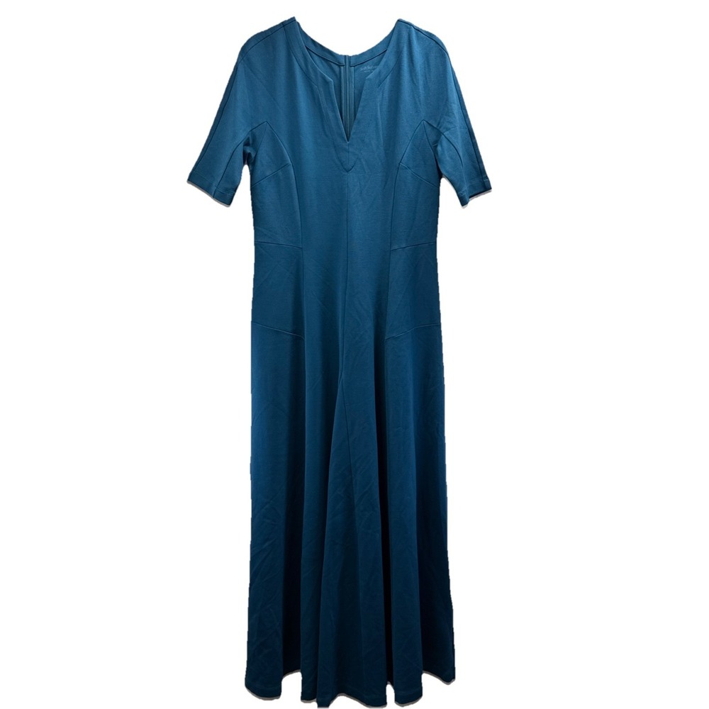 Soft Surroundings Scarletta Maxi Dress Sz 8 Solid Teal V Neck Ponte Knit Stretch